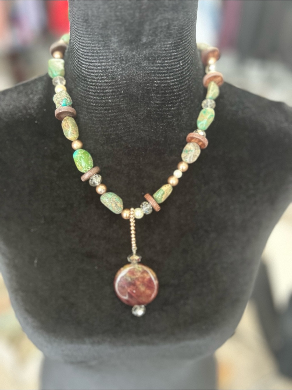 Handcrafted Green and Brown Stone Pendant Necklace